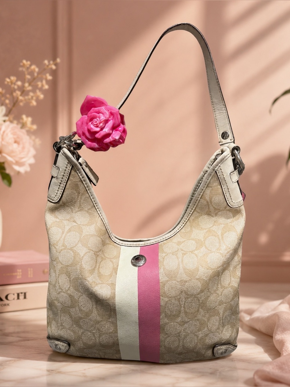 pink and ivory coach shoulder bag